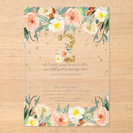 Elegante bloemenmeisjes 2e verjaardag acryl uitnodigingen (Voorkant)