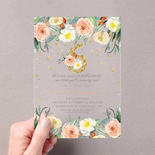 Elegante bloemenmeisjes 6e verjaardag acryl uitnodigingen (Insitu (Draagbaar))