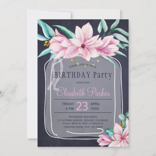 Elegante bloemenmetselaar jar marine verjaardagsfe kaart (Voorkant)