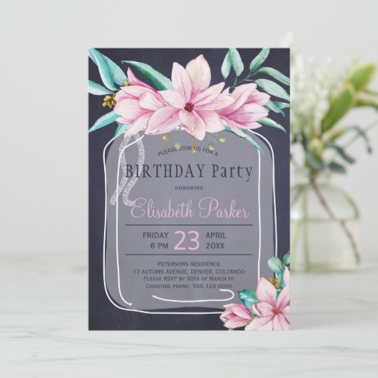 Elegante bloemenmetselaar jar marine verjaardagsfe kaart (Staand voorkant)