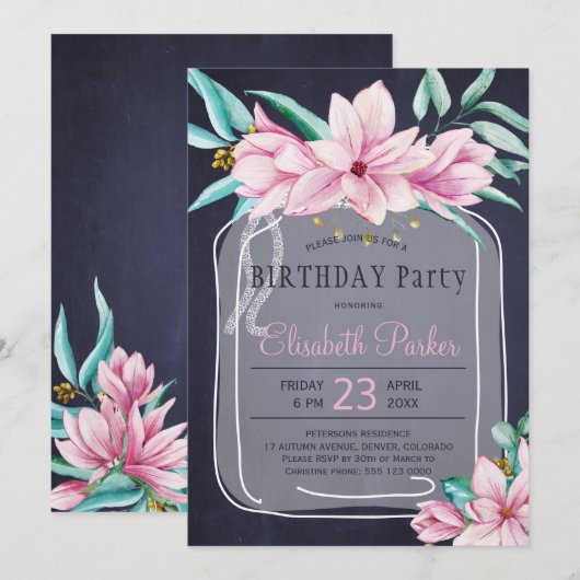 Elegante bloemenmetselaar jar marine verjaardagsfe kaart (Voorkant / Achterkant)