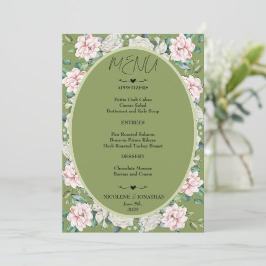 Elegante bloemenomhelzing bruiloft menu (Staand voorkant)