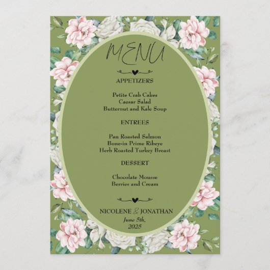 Elegante bloemenomhelzing bruiloft menu (Voorkant)