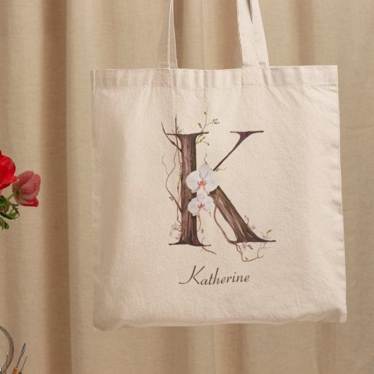Elegante Bloemenorchidee 'K' Custom Name Monogram Tote Bag