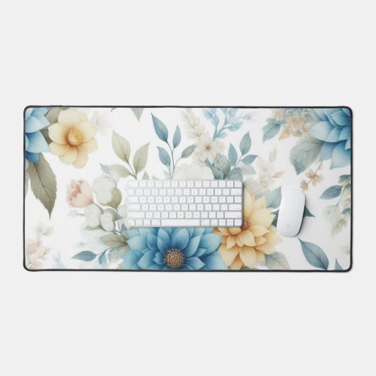 Elegante Bloemenpastel Blauw en Geel op Wit Bureaumat (Keyboard & Muis)