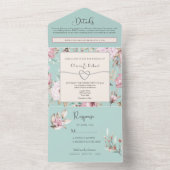 Elegante Bloemenpastel Roze en Blauwe bruiloft All In One Uitnodiging (Binnen)