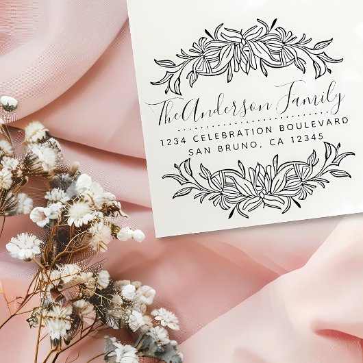 Elegante Bloemenrand Aangepaste Familienaam & Adre Rubberstempel