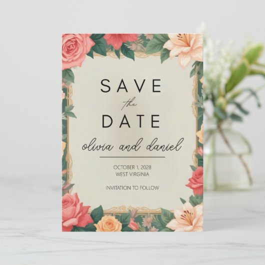 Elegante Bloemenrand Save the Date Kaart (Staand voorkant)