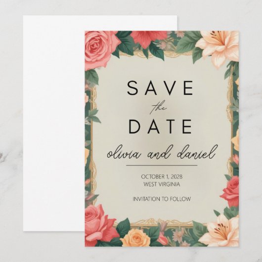 Elegante Bloemenrand Save the Date Kaart (Voorkant / Achterkant)