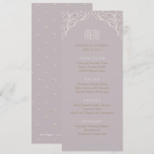 Elegante bloemenrijke lila rustieke bruiloft menu (Voorkant / Achterkant)