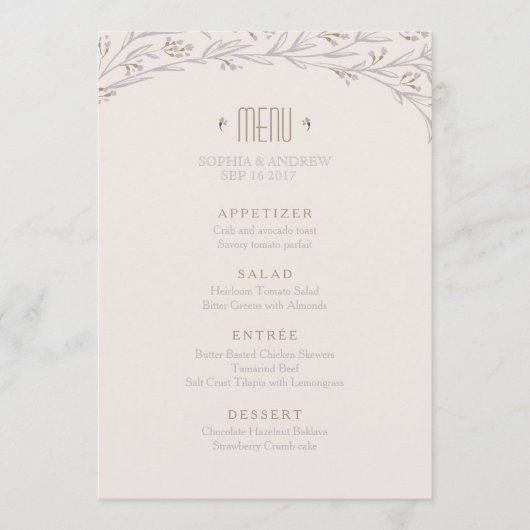 Elegante bloemenrijke lila rustieke bruiloft menu (Voorkant)