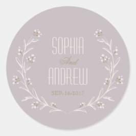 Elegante bloemenrijke lila rustieke bruiloft monog ronde sticker