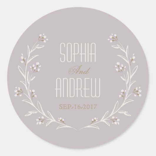 Elegante bloemenrijke lila rustieke bruiloft monog ronde sticker (Voorkant)
