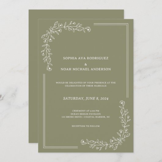 Elegante bloemenrijke salie groene bruiloft uitnod kaart (Voorkant / Achterkant)