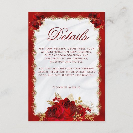 Elegante Bloemenrood en Gouden Huwelijksdetails Informatiekaartje (Voorkant)