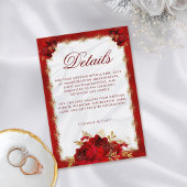 Elegante Bloemenrood en Gouden Huwelijksdetails Informatiekaartje