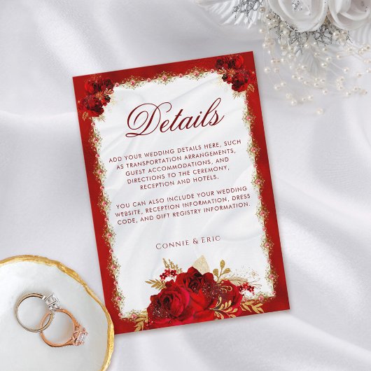 Elegante Bloemenrood en Gouden Huwelijksdetails Informatiekaartje