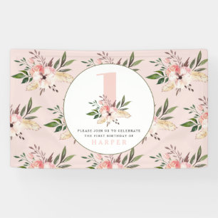 Elegante bloemenroze girly verjaardagsfeestje  spandoek