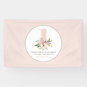 Elegante bloemenroze girly verjaardagsfeestje  spandoek