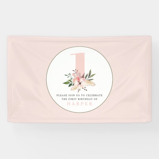 Elegante bloemenroze girly verjaardagsfeestje  spandoek (Horizontaal)