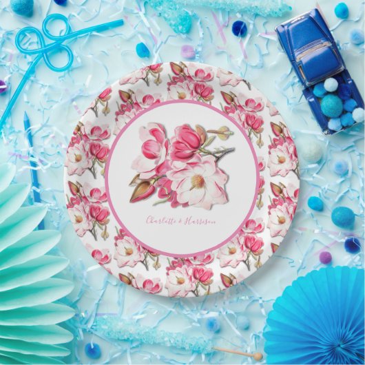 Elegante bloemenroze Waterverf Magnolia bruiloft Papieren Bordje (Feest)