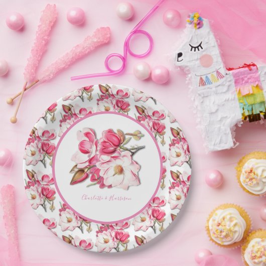 Elegante bloemenroze Waterverf Magnolia bruiloft Papieren Bordje (Feest)