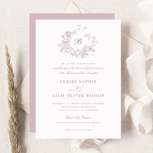 Elegante bloemenrozenkrans bruiloftsmonogram kaart