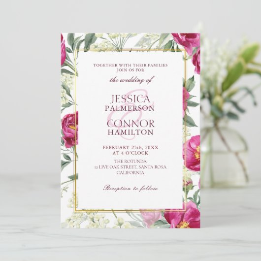 Elegante bloemenrustieke bordeaux roze bruiloft kaart (Staand voorkant)