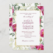 Elegante bloemenrustieke bordeaux roze bruiloft kaart (Voorkant / Achterkant)