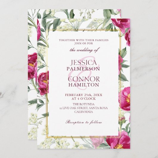 Elegante bloemenrustieke bordeaux roze bruiloft kaart (Voorkant / Achterkant)