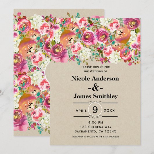 Elegante bloemenrustieke chique kraft monogram bru kaart (Voorkant / Achterkant)