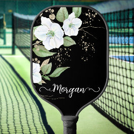 Elegante bloemenschildering in waterverf zwart gou pickleball paddle