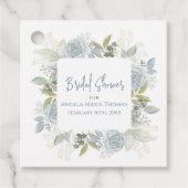 Elegante bloemense bruidsdouche stoffig blauwe roz bedankjes labels (Voorkant)