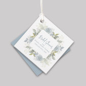 Elegante bloemense bruidsdouche stoffig blauwe roz bedankjes labels