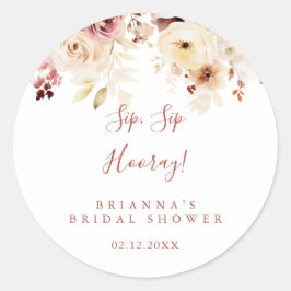 Elegante bloemensip sip hoera bruidsbeursshower ronde sticker