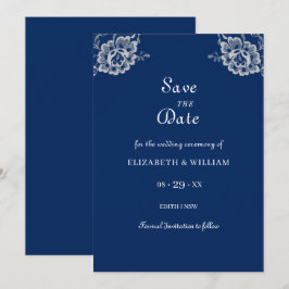 Elegante bloemenslak op een marineblauwe trouwjurk save the date