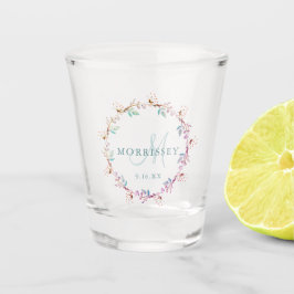 Elegante bloemenslinger bruiloft met monogram naam shot glas