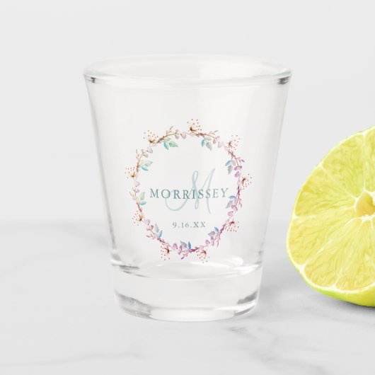 Elegante bloemenslinger bruiloft met monogram naam shot glas (Voorkant)