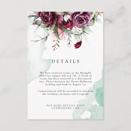 Elegante bloemensmaragd groen & bordeaux bruiloft informatiekaartje (Voorkant)