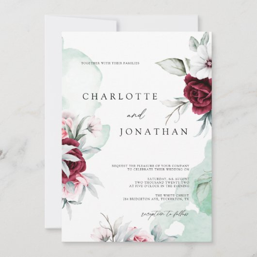 Elegante bloemensmaragd groen & bordeaux bruiloft kaart (Voorkant)