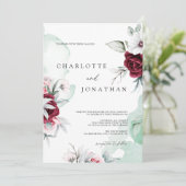 Elegante bloemensmaragd groen & bordeaux bruiloft kaart (Staand voorkant)