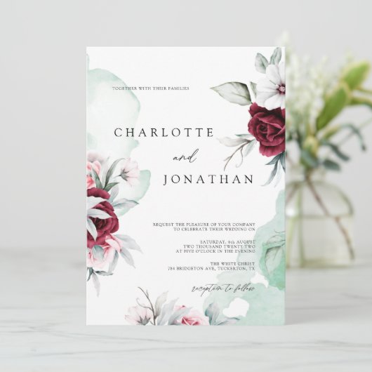 Elegante bloemensmaragd groen & bordeaux bruiloft kaart (Staand voorkant)