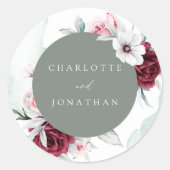 Elegante bloemensmaragd groen & bordeaux bruiloft ronde sticker (Voorkant)