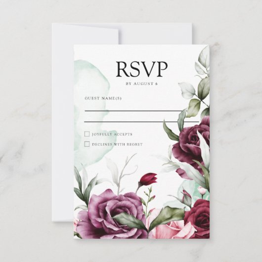 Elegante bloemensmaragd groen & bordeaux bruiloft RSVP kaartje (Voorkant)