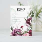 Elegante bloemensmaragd groen & bordeaux bruiloft RSVP kaartje (Staand voorkant)