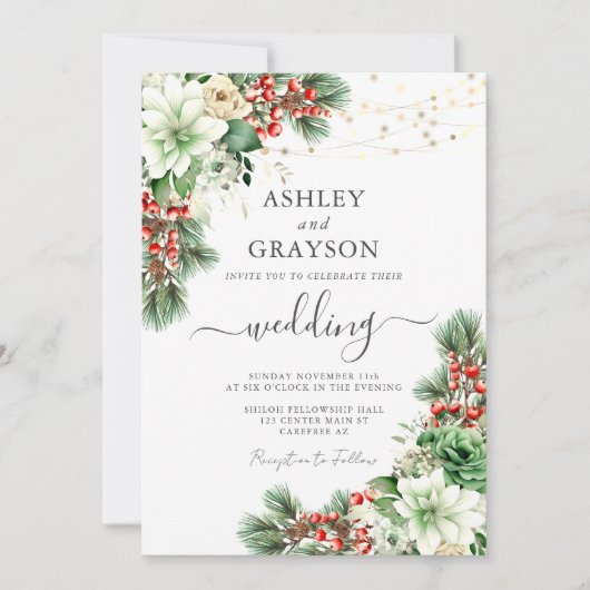 Elegante bloemensmaragd groene winter bruiloft kaart (Voorkant)