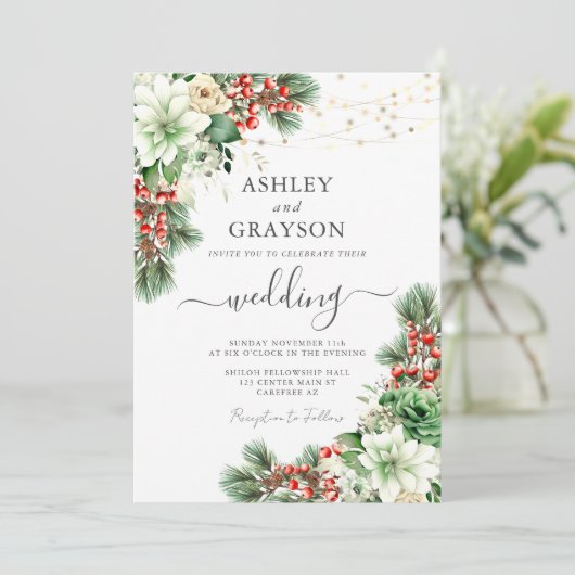 Elegante bloemensmaragd groene winter bruiloft kaart (Staand voorkant)