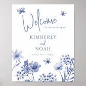 Elegante bloemenstoffige blauwe bruiloft welkomstb poster (Voorkant)