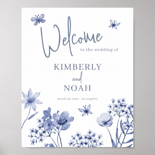 Elegante bloemenstoffige blauwe bruiloft welkomstb poster (Voorkant)