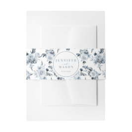 Elegante bloemenstoffige blauwe grijze bruiloft uitnodigingen wikkel